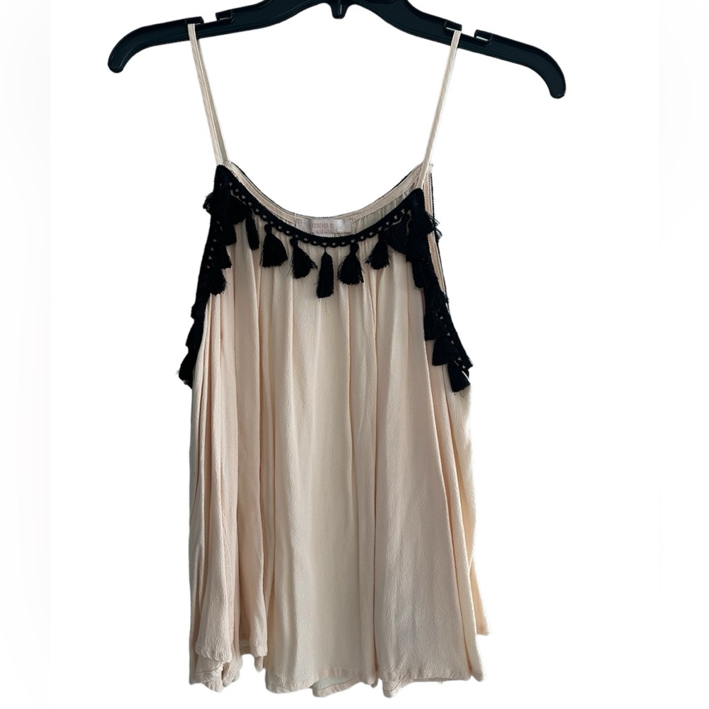 Forever 21 Off Shoulder-Tassel cream and black long sleeve top. Size M
